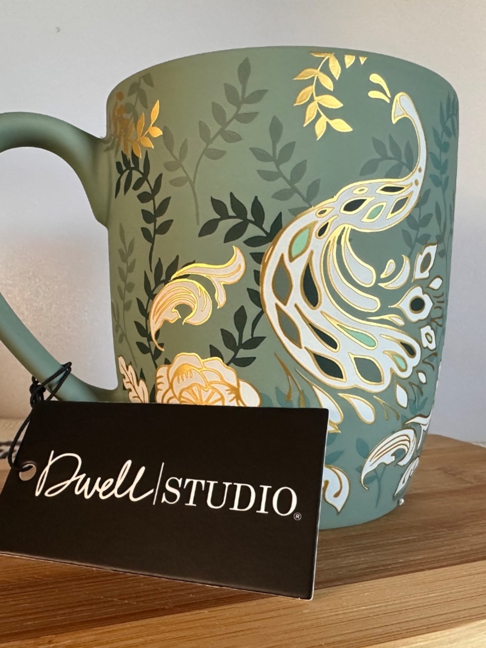 Dwell Studio Peacock Mug Sage Green Gold Floral NEW NWT